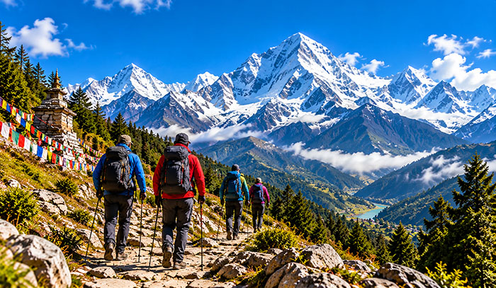 Travelers exploring the Himalayan mountains of Nepal