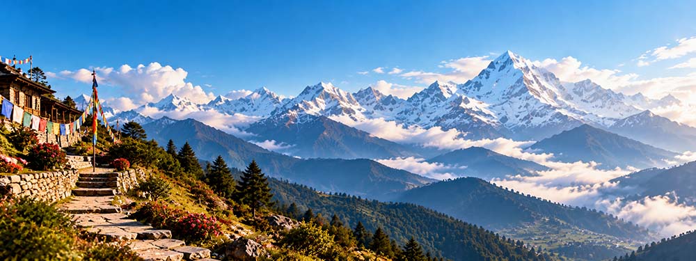 Prayer flags and Himalayan mountains in Nepal