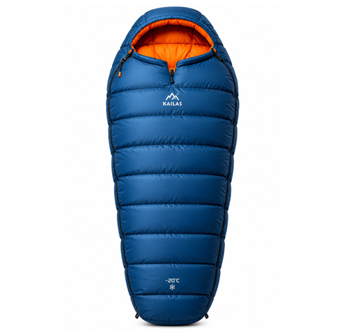 Blue insulated sleeping bag for cold conditions