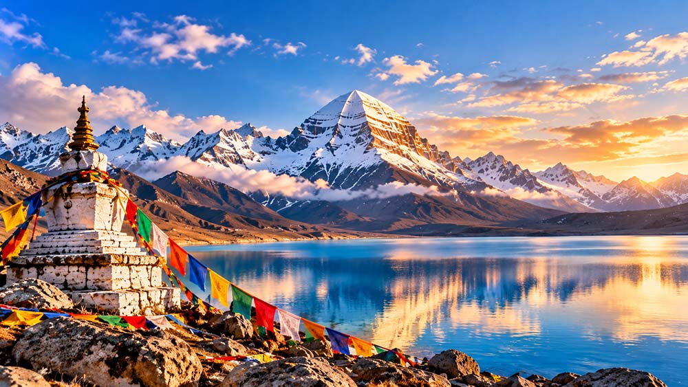 Sacred Mount Kailash and Lake Mansarovar with Tibetan prayer flags