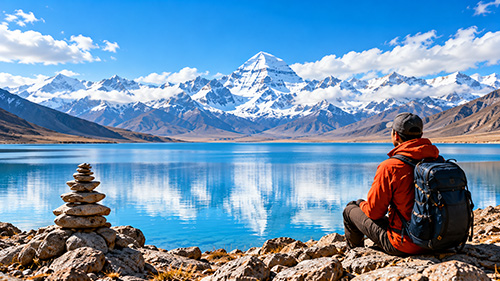 Pilgrim enjoying the peaceful view of Lake Mansarovar