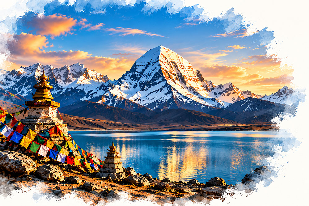 Sacred Mount Kailash and Lake Mansarovar with prayer flags