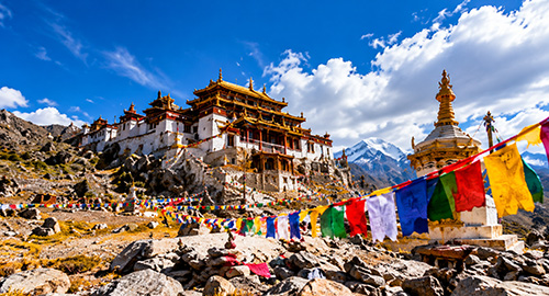 Prayer flags and sacred spiritual sites in Tibet